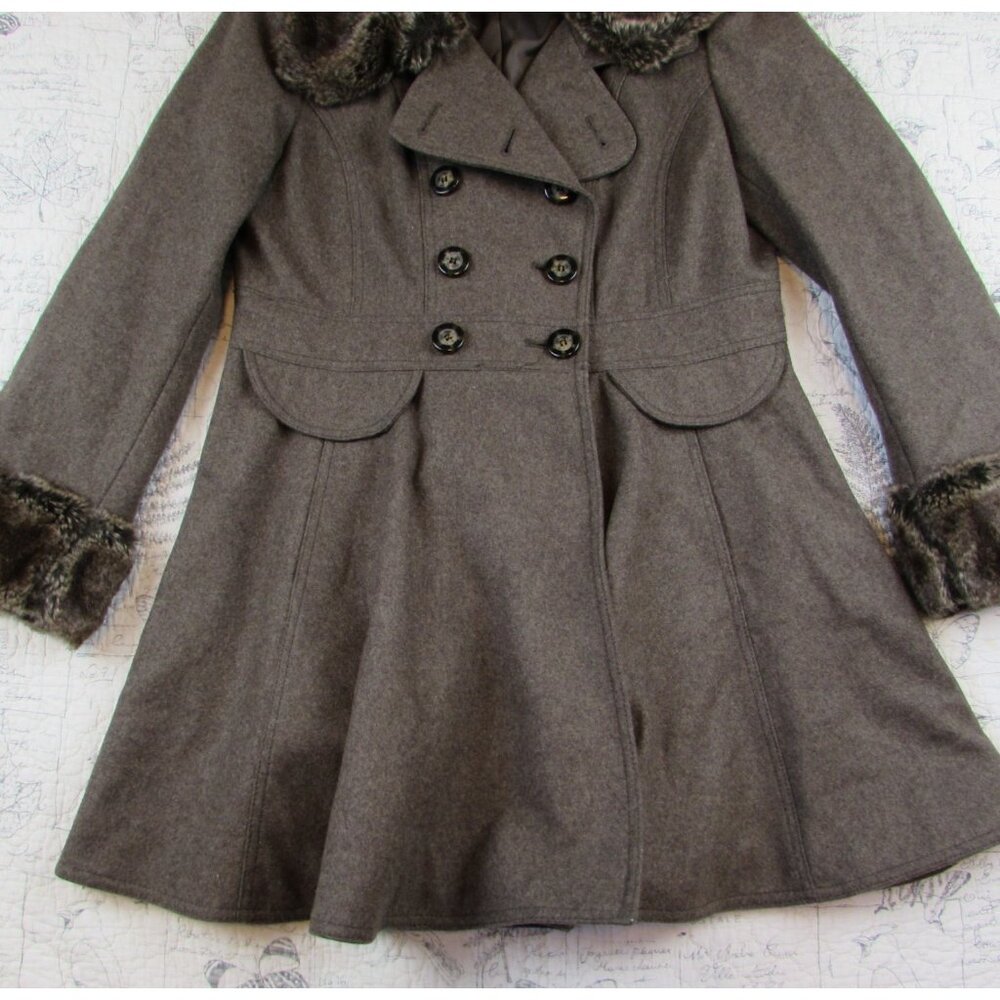 NEW Laundry Shelli Segal Wool Bld double brested Fit & Flare Coat fur trim 14 - Picture 7 of 8
